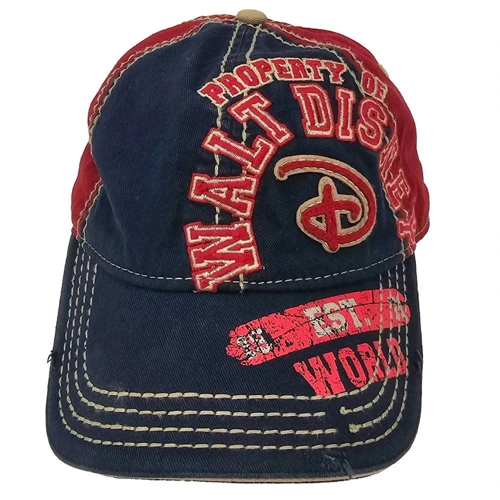 Disney Parks Mens Walt Disney World Distressed Baseball Cap Navy‎ Red Adjustable